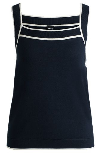 Wide-neck knitted vest top with contrast piping, Dark Blue