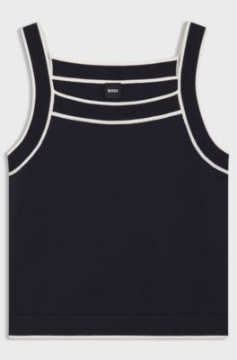 Wide-neck knitted vest top with contrast piping, Dark Blue