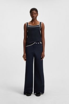 Wide-neck knitted vest top with contrast piping, Dark Blue