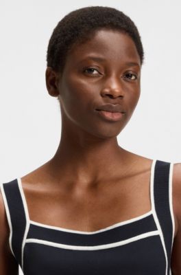 Wide-neck knitted vest top with contrast piping, Dark Blue