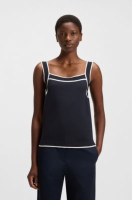 Gebreid hemdje met wijde hals en contrastbiezen, Donkerblauw