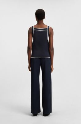 Wide-neck knitted vest top with contrast piping, Dark Blue