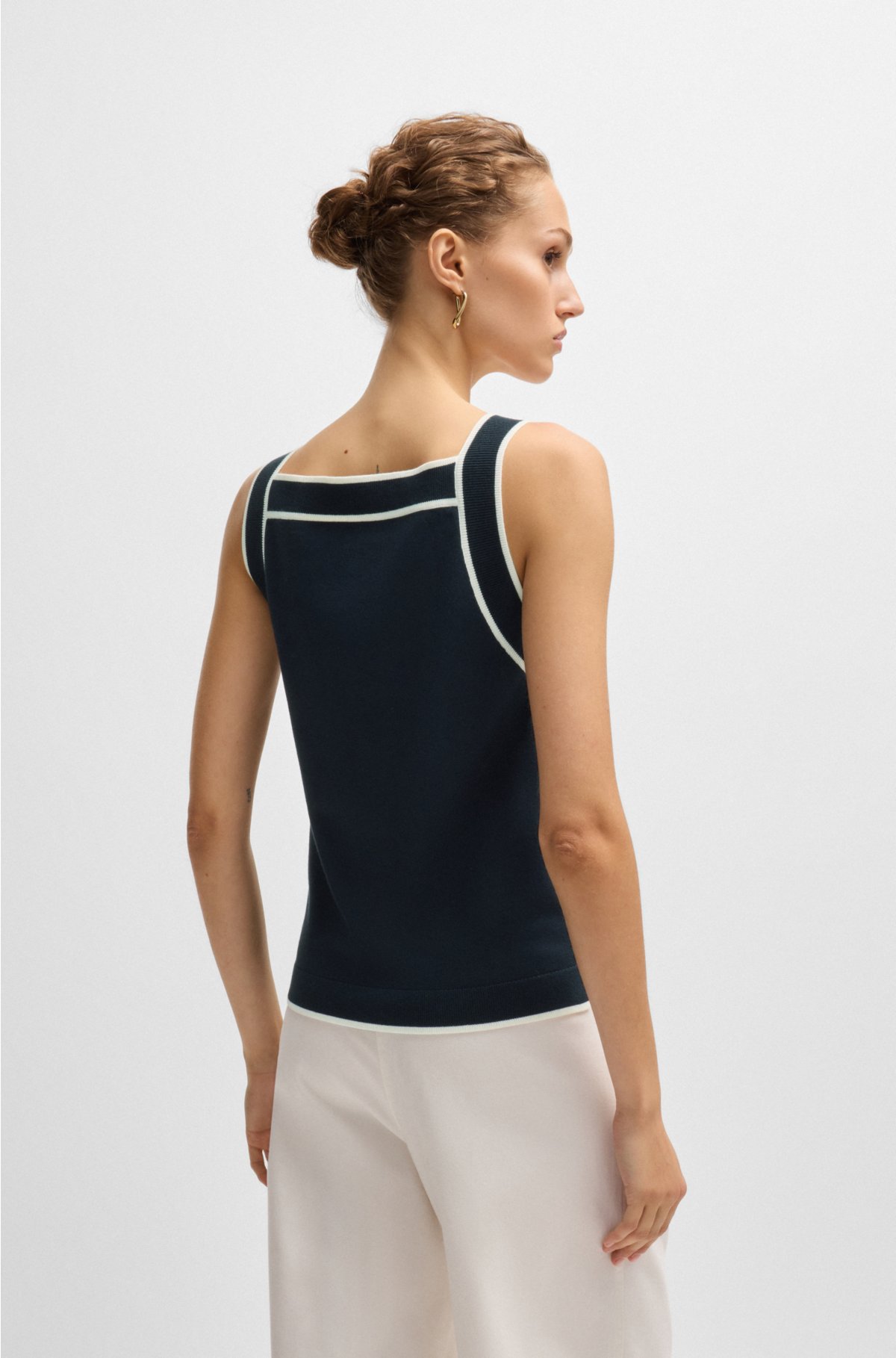 Wide-neck knitted vest top with contrast piping, Dark Blue