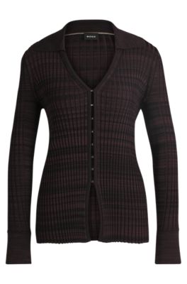 BOSS - V-neck cardigan in ribbed stretch fabric with collar - Dark Purple