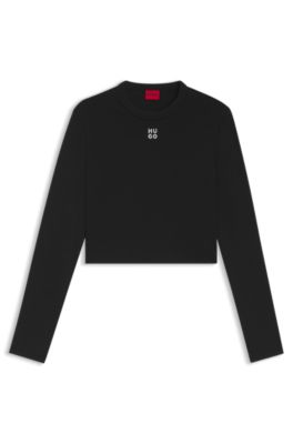 Slim-fit jersey top with embroidered stacked logo, Black
