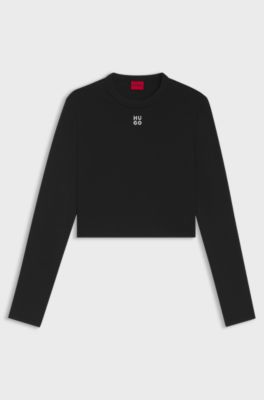 Slim-fit jersey top with embroidered stacked logo, Black