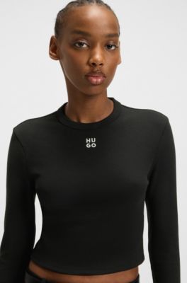 Maglia slim fit n jersey con logo scomposto ricamato, Nero