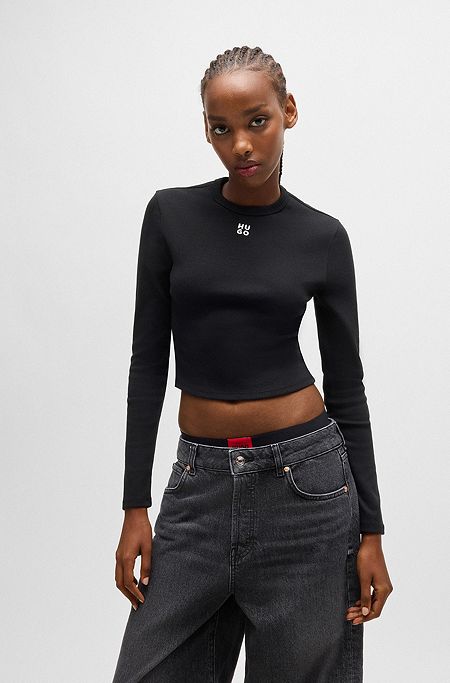 Cotton-blend slim-fit top with stacked logo, Black