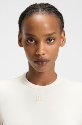 Slim-fit jersey top with embroidered stacked logo, Natural