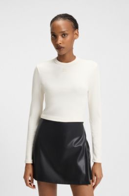Slim-fit jersey top with embroidered stacked logo, Natural