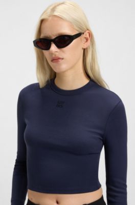 Maglia slim fit n jersey con logo scomposto ricamato, Blu scuro