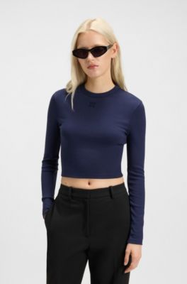 Slim-fit jersey top with embroidered stacked logo, Dark Blue