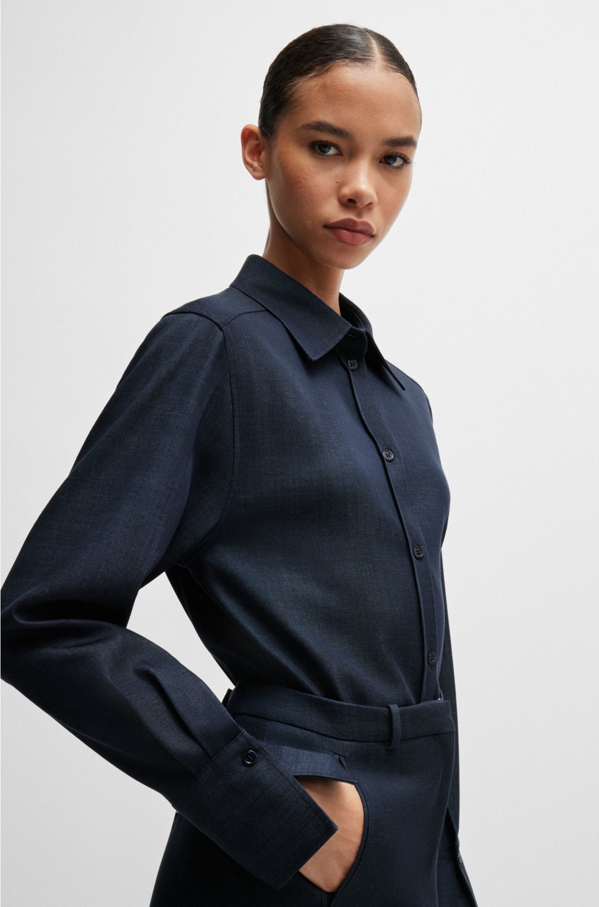 Regular-fit blouse in denim-effect twill, Dark Blue