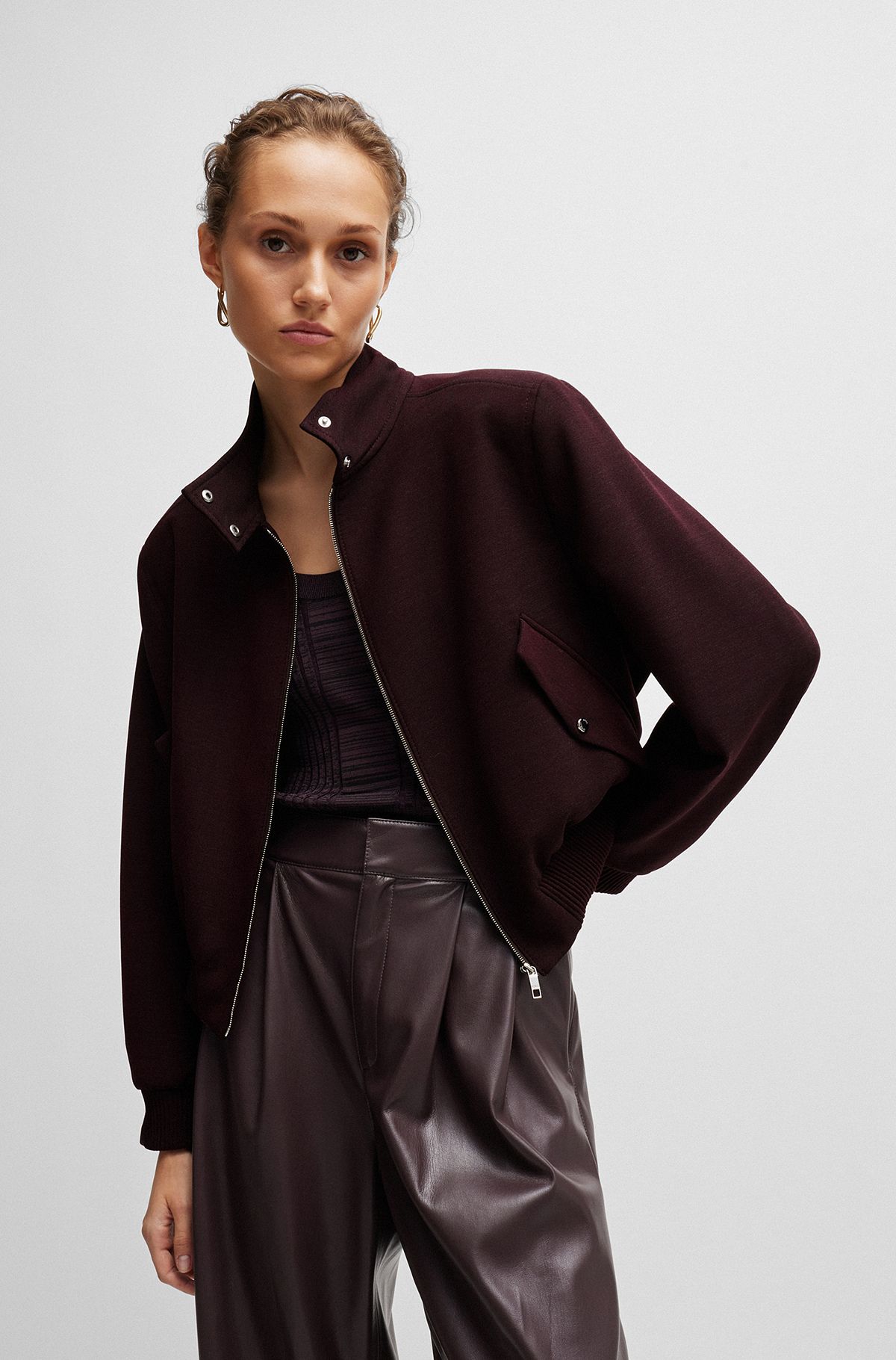 Relaxed-fit zip-up jacket in melange twill, Dark Purple
