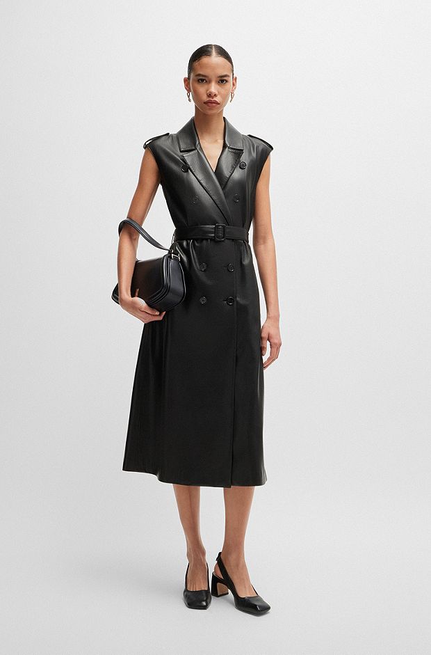 Faux-leather dress with double-breasted front, Black
