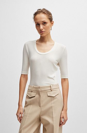Scoop-neck top in stretch fabric, White