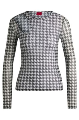 Houndstooth mesh top with cut-out neckline, White / Black