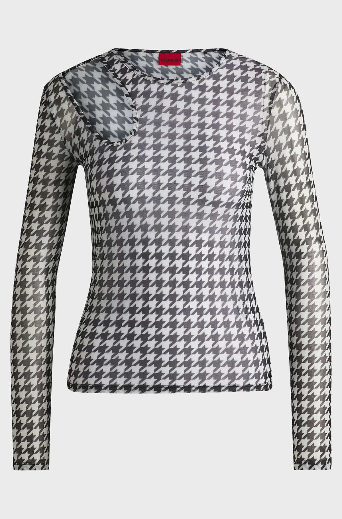 Printed-mesh top with cut-out neckline, Patterned