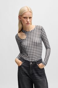 Top aus Mesh mit Hahnentritt-Muster und Cut-out am Ausschnitt, Weiß / Schwarz