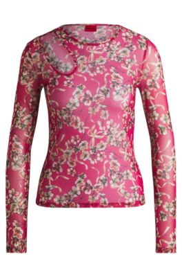 プリントメッシュ トップス カットアウト ネックライン, ピンク パターン