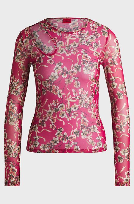 Printed-mesh top with cut-out neckline, Pink Patterned