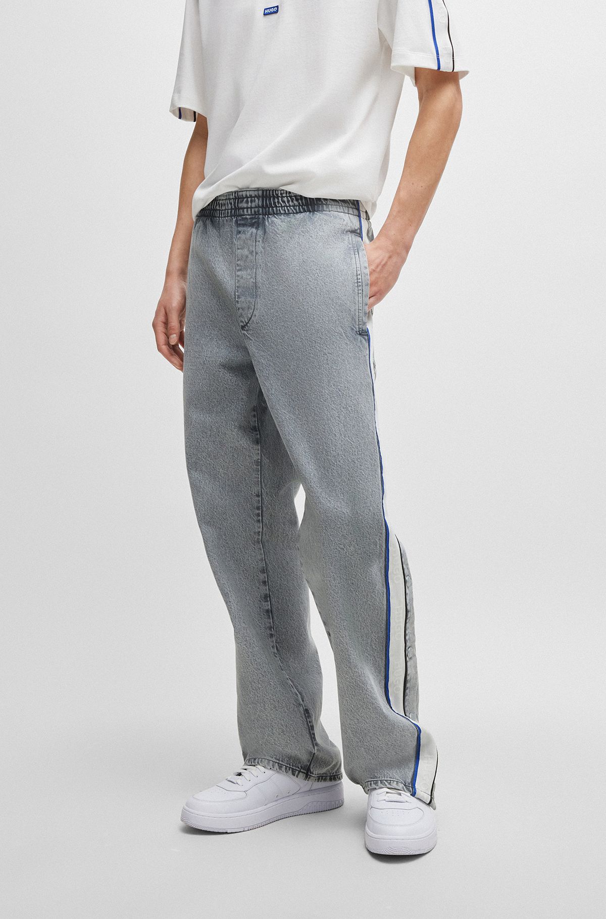 Grey relaxed-fit jeans with side poppers and contrasting tape, Grey