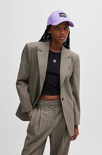 Oversized-fit jacket in striped stretch fabric, Brown Patterned