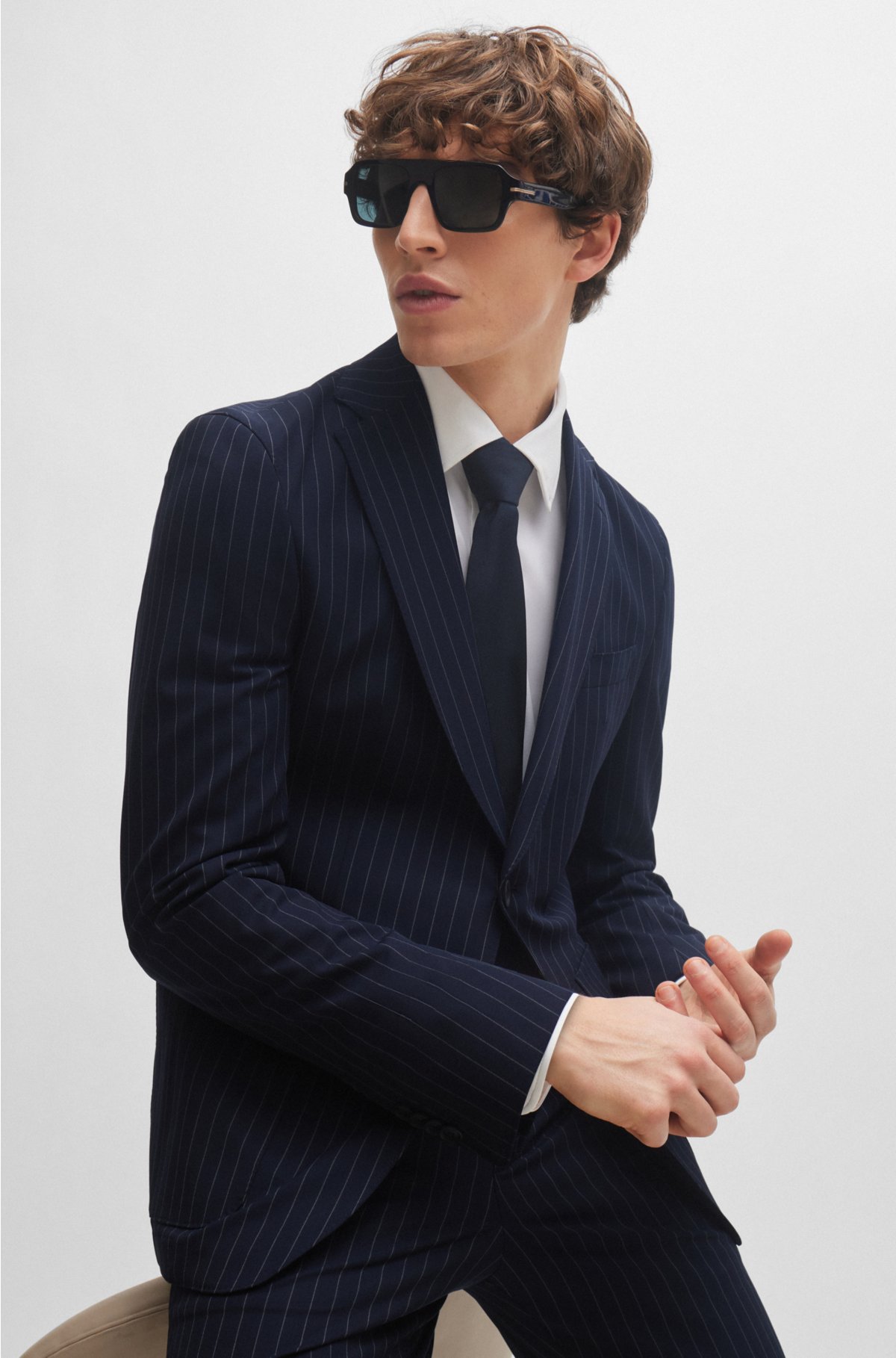 BOSS - Slim-fit suit in pinstripe performance-stretch fabric