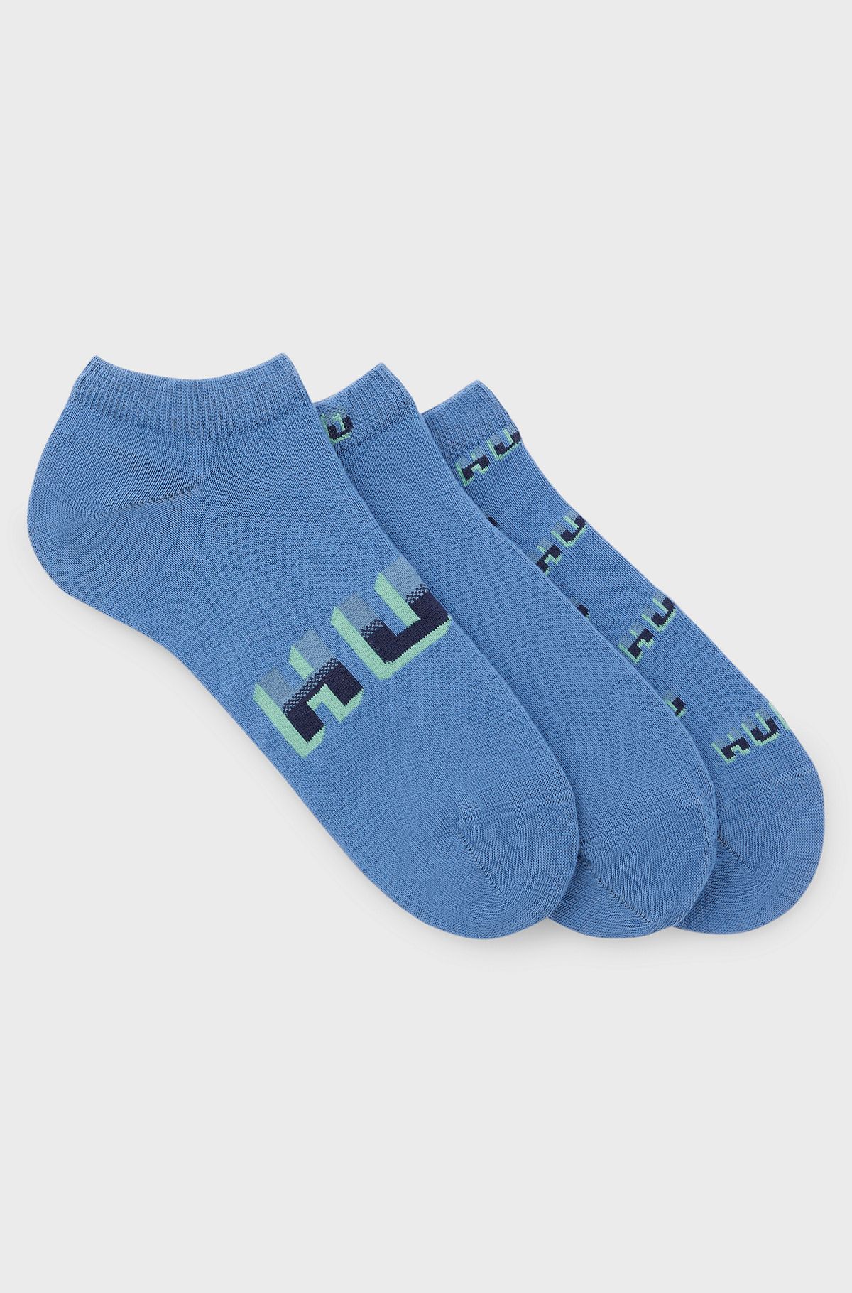 Three-pack of cotton-blend ankle socks with logos, Blue