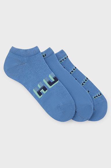 Three-pack of cotton-blend ankle socks with logos, Blue