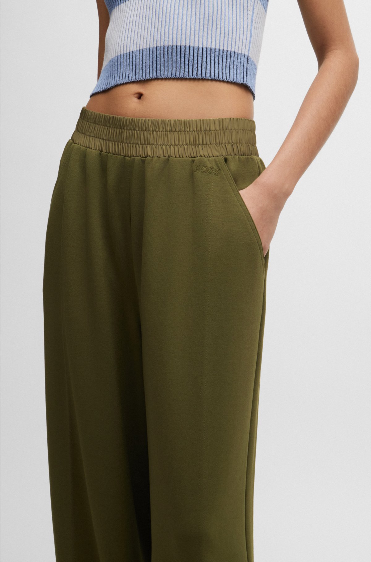 Wide-leg trousers in stretch fabric, Dark Green