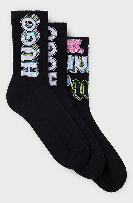 Three-pack of cotton-blend short socks with logos, Black