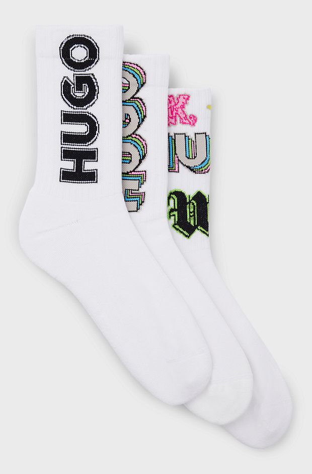Three-pack of cotton-blend short socks with logos, White