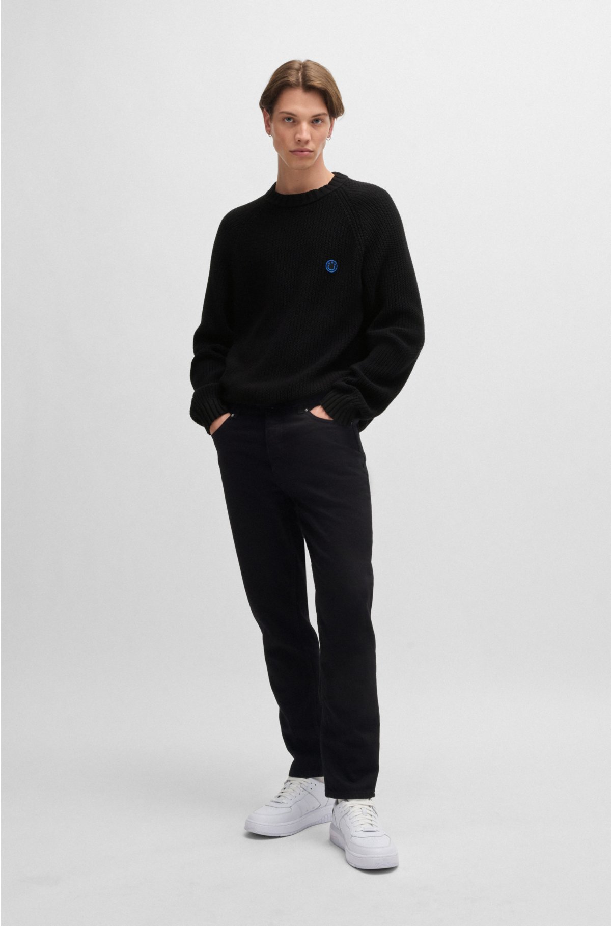 Ribbed-cotton sweater with logo badge, Black