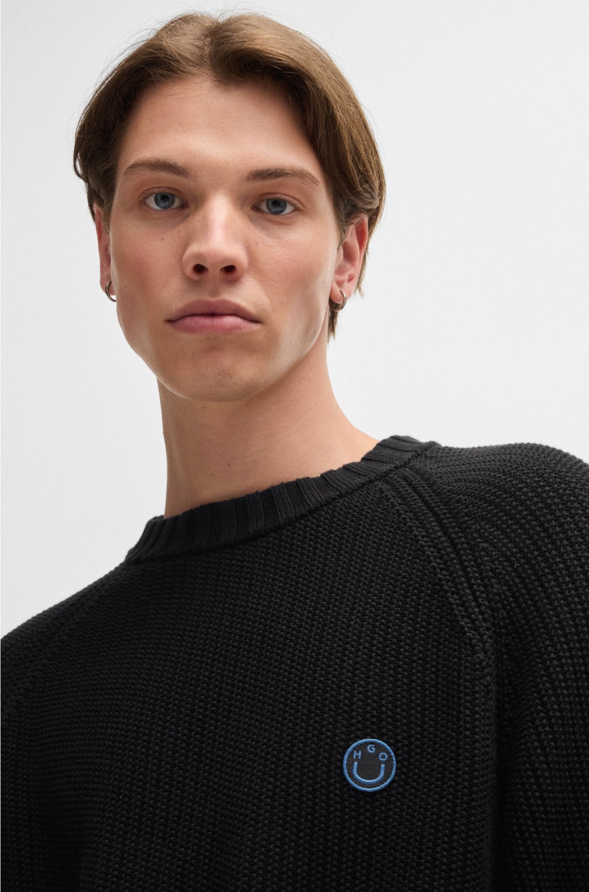 Ribbed-cotton sweater with logo badge, Black