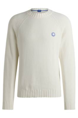 Shop Hugo Ribbed-cotton Sweater With Logo Badge In White