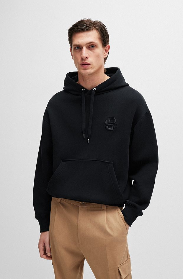 Oversized-fit hoodie in cotton with Double B monogram, Black