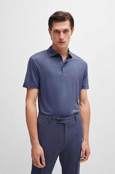 Slim-fit polo shirt with striped collar, Dark Blue