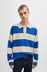 Rugby-style sweater in cotton-blend bouclé, Blue