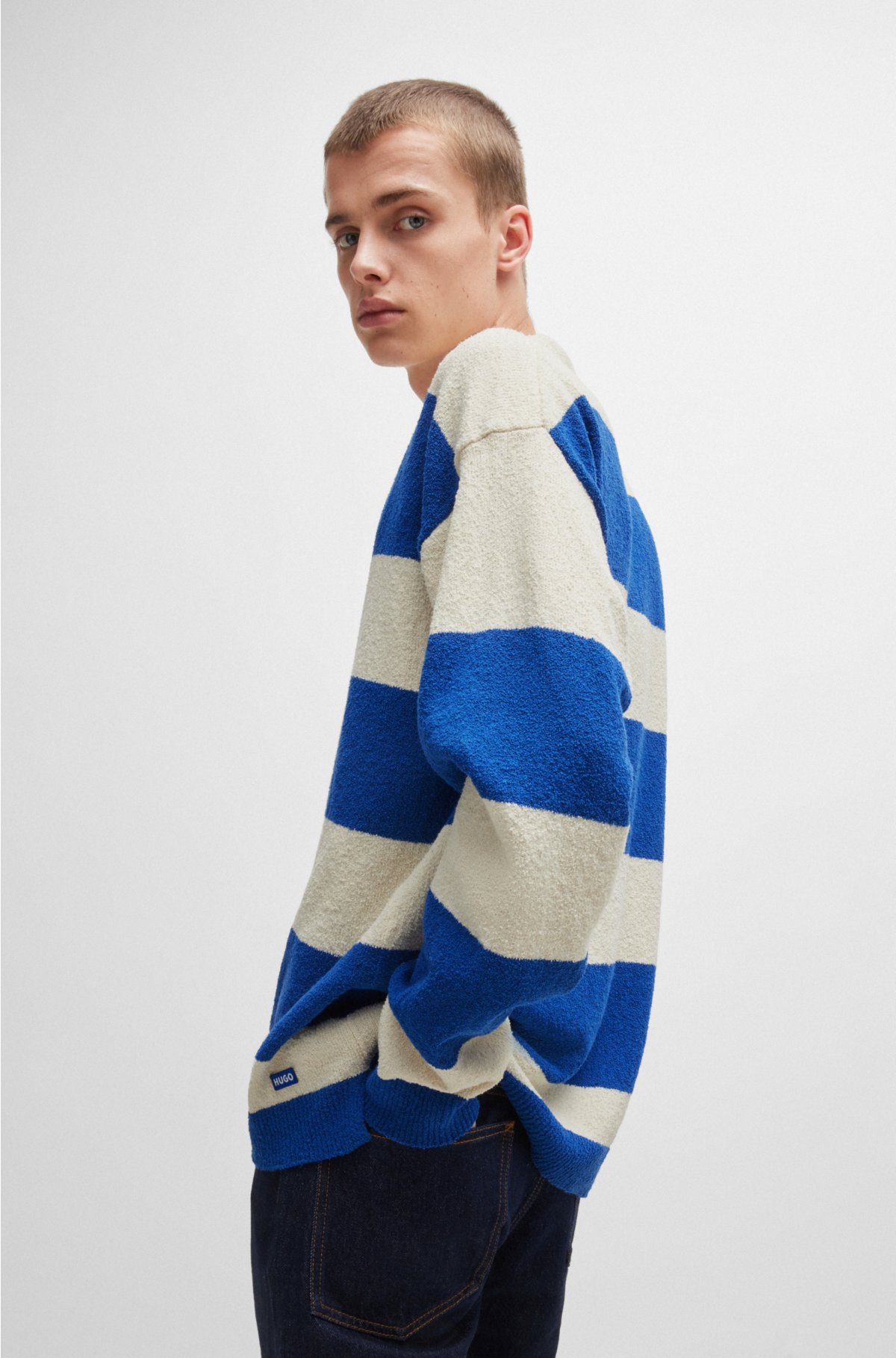 Rugby-style sweater in cotton-blend bouclé, Blue