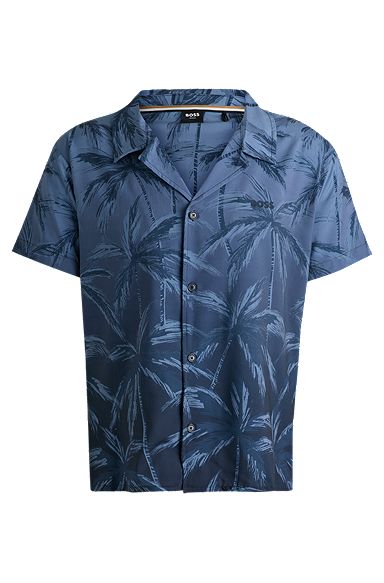 Beach shirt in quick-drying fabric with seasonal print, Blue