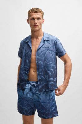 BOSS - Strandshirt van sneldrogend materiaal met seizoensprint - Blauw
