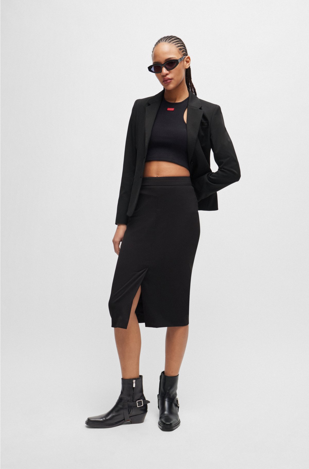 Slim-fit pencil skirt with logo zip puller, Black