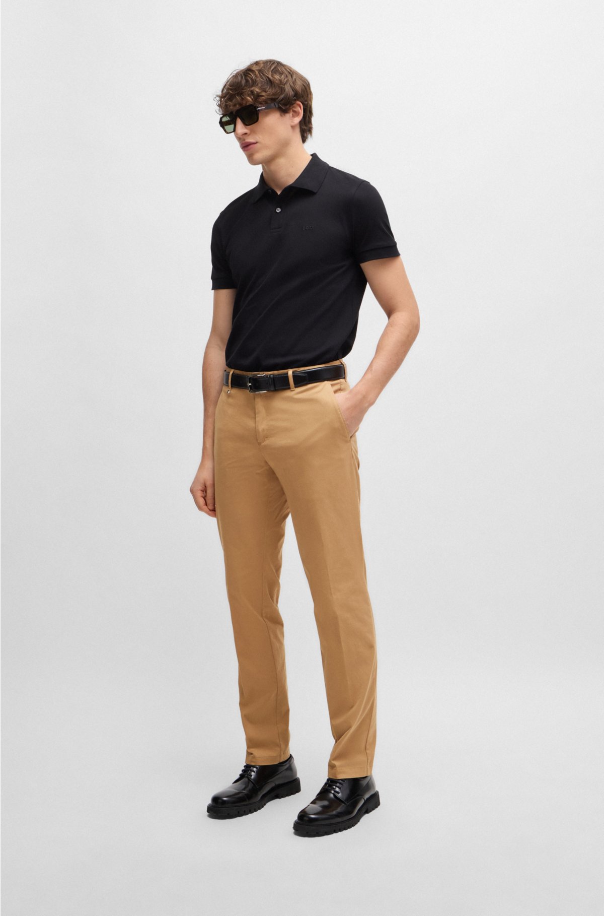 Slim-fit trousers in stretch cotton, Beige