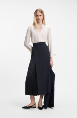 Pleat-front A-line midi skirt, Dark Blue