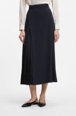 Pleat-front A-line midi skirt, Dark Blue