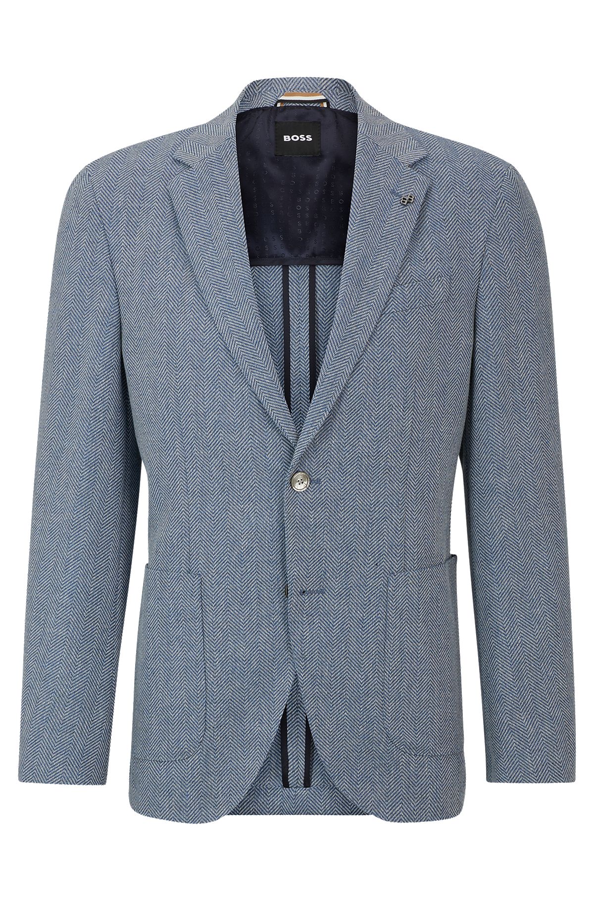 Regular-fit jacket in herringbone cotton and wool, Light Blue