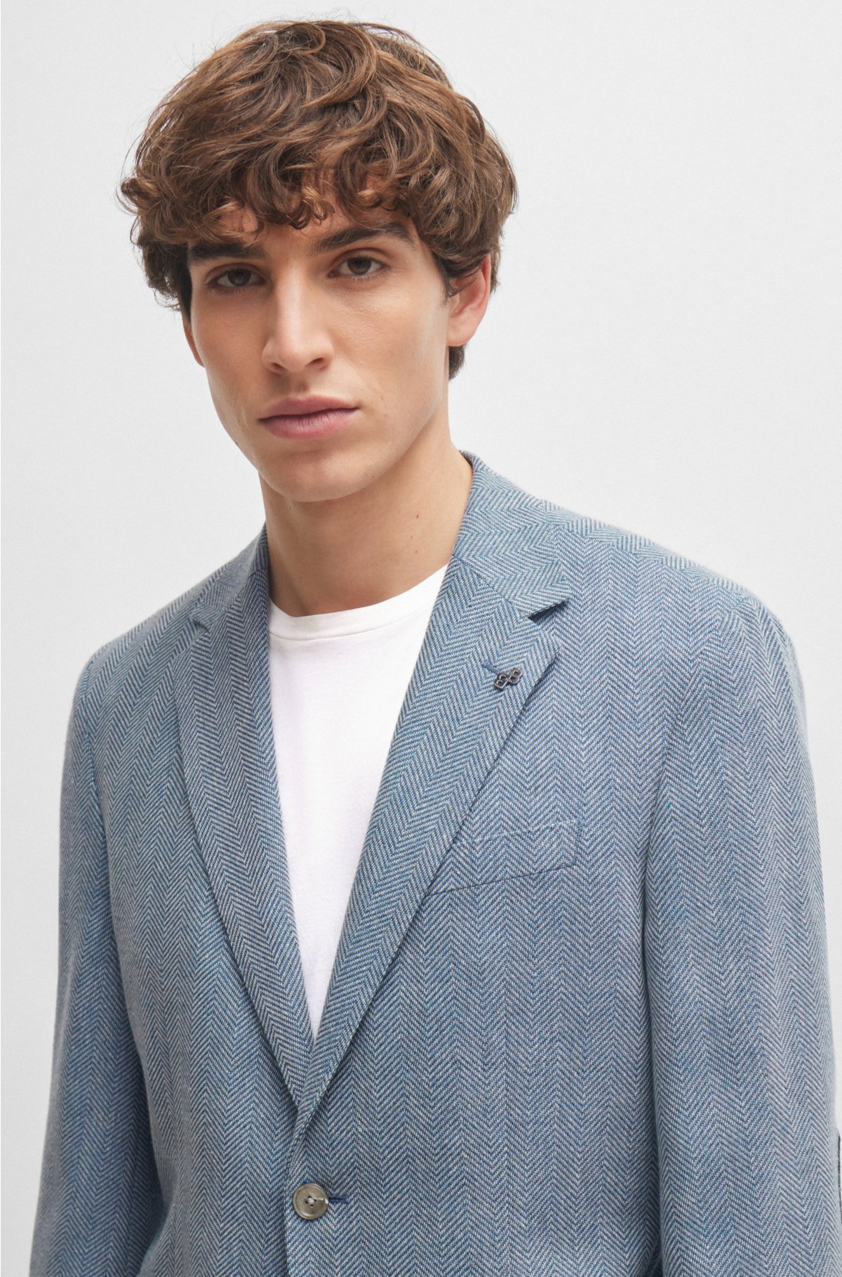 Regular-fit jacket in herringbone cotton and wool, Light Blue