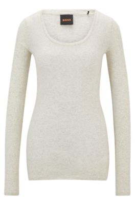Long-sleeved top in ribbed stretch cotton, Natural