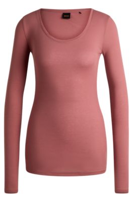 Long-sleeved top in ribbed stretch cotton, light pink